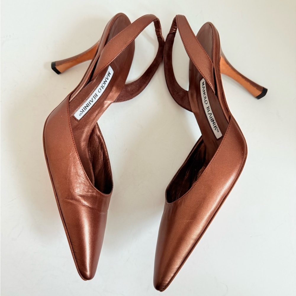 Manolo Blahnik Retro Metallic Bronze Brown Carolyne 70mm slingback pumps EU 37.5 - Picture 4 of 10